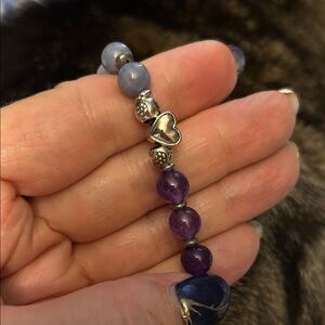 Purple amethyst and Silver Beaded Bracelet with Heart Charm